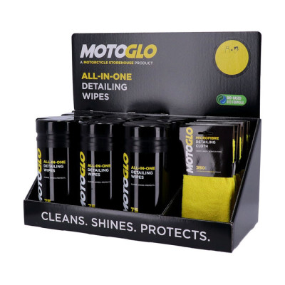 Présentoir de nettoyage Motoglo comprennant 6 pack d'essuyages