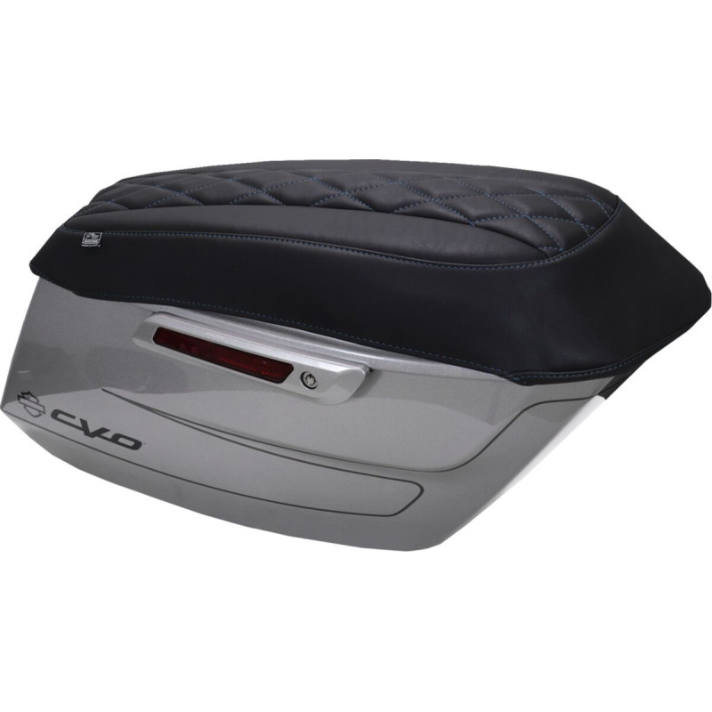 Deluxe Diamond Saddlebag Lid Cover - Black w/ Sky Blue Stitch - FLH/FLT '23-'25