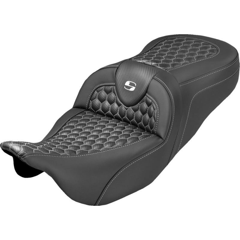 RoadSofa™ Seat - Honeycomb - White Stitch - without Backrest - Extended Reach - FLH/FLT '08-'24