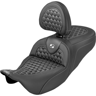 RoadSofa™ Seat - Honeycomb - White Stitch - with Backrest - Extended Reach - FLH/FLT '08-'24